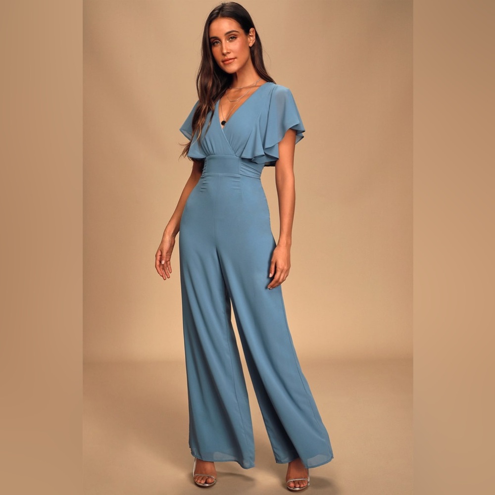NWOT Bow For Love Slate Blue Flutter Sleeve Jumpsuit